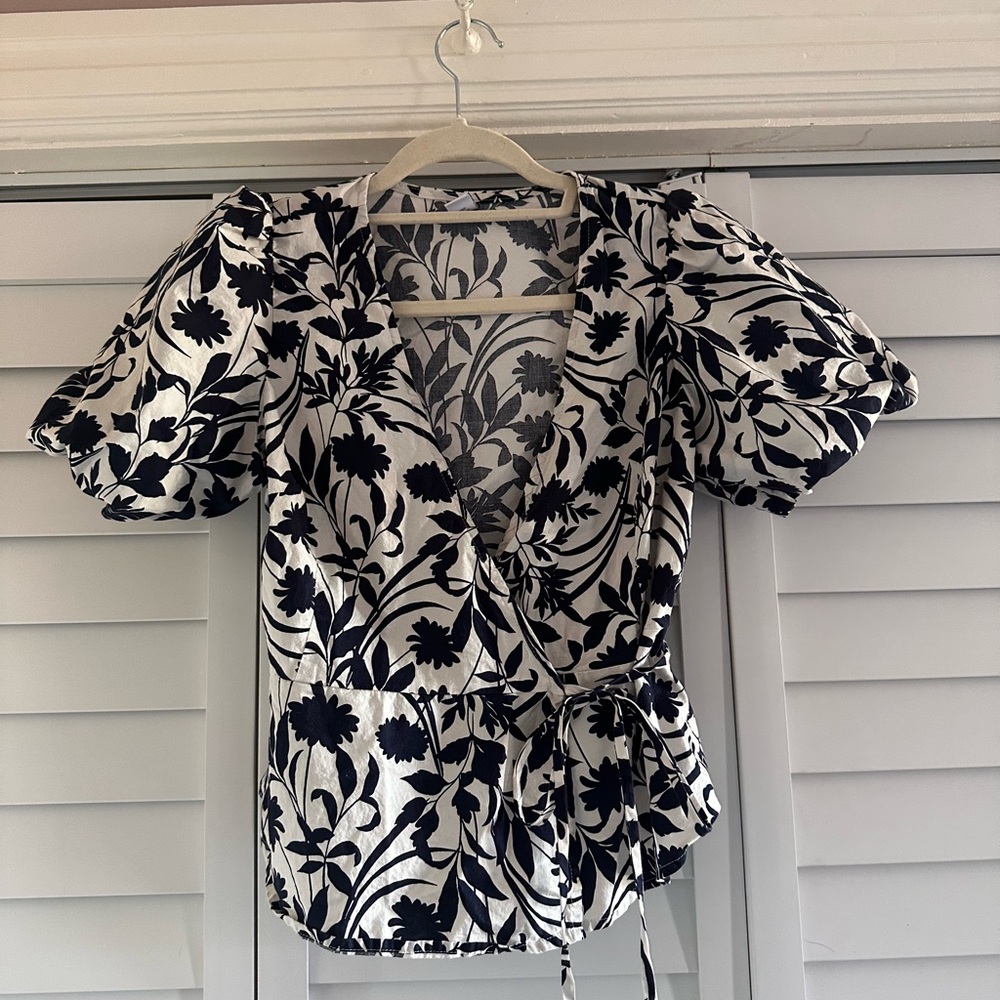 Navy and White Floral Wrap Top - Women